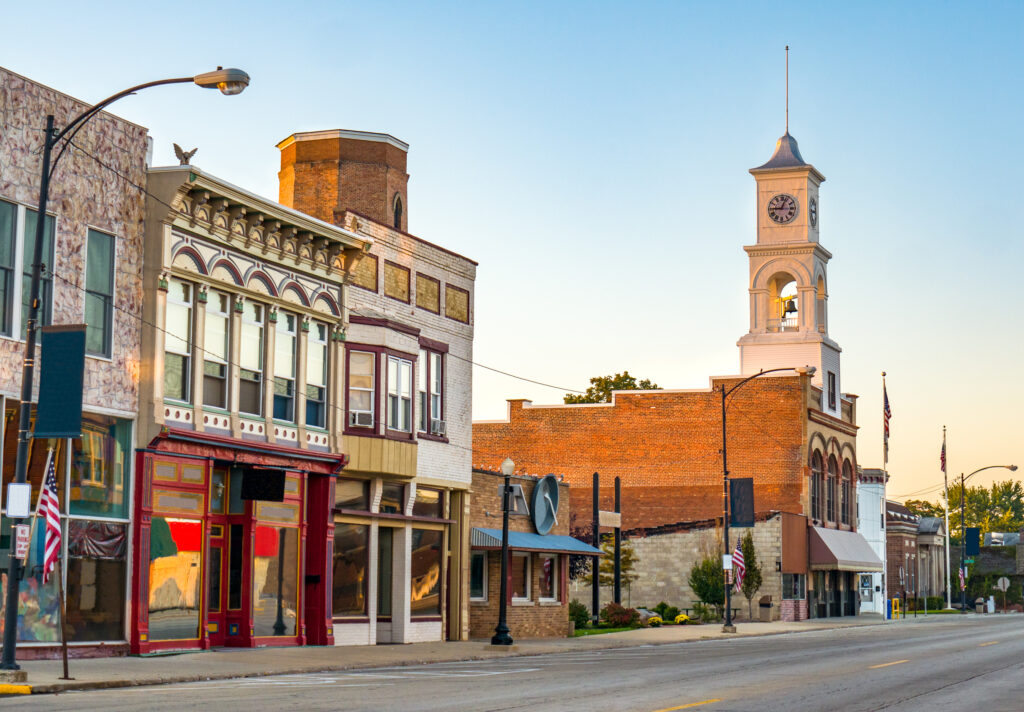 Small downtown street at sunset.