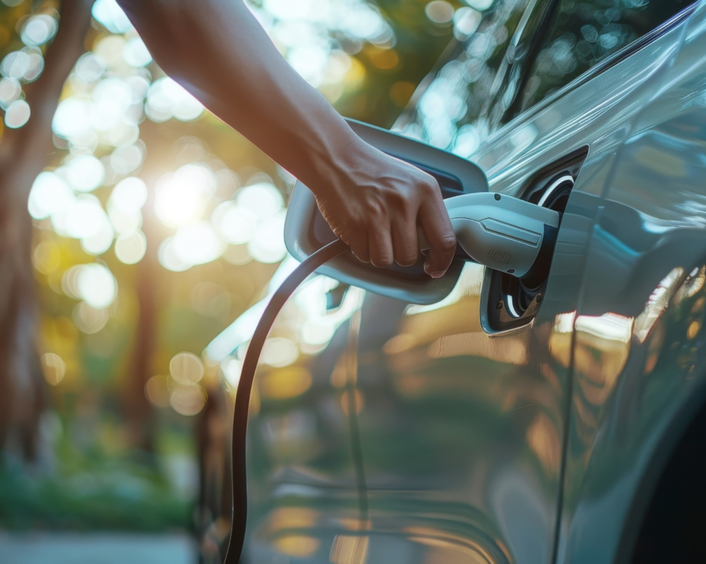 A persons arm plugging in an electric vehicle among green landscape.