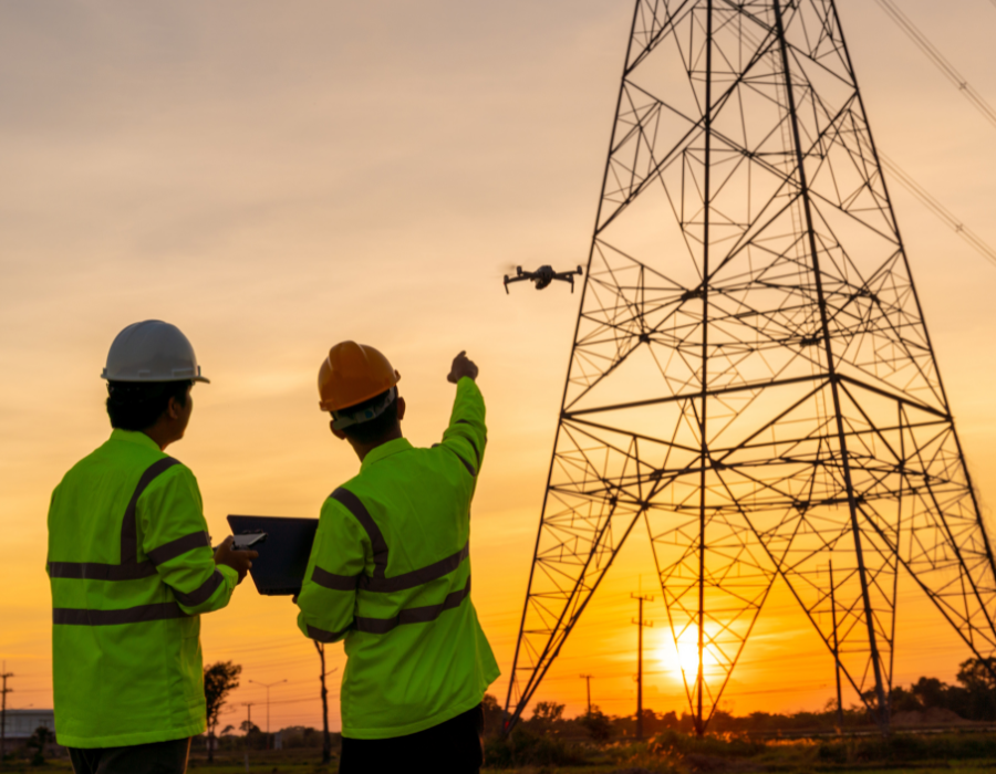 Transmission structure at sunset while two workers in protective equipment onlook a drone flying nearby.